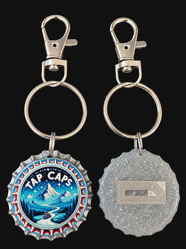 Tap Caps branded NFC bottle cap keychain — front and back showing NFC chip